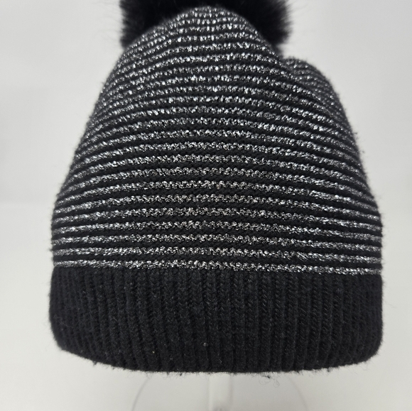 CHICO'S BLACK & METALLIC SILVER STRIPE POM POM BEANIE HAT CAP ACCESSORY WOMEN OS - Picture 4 of 12